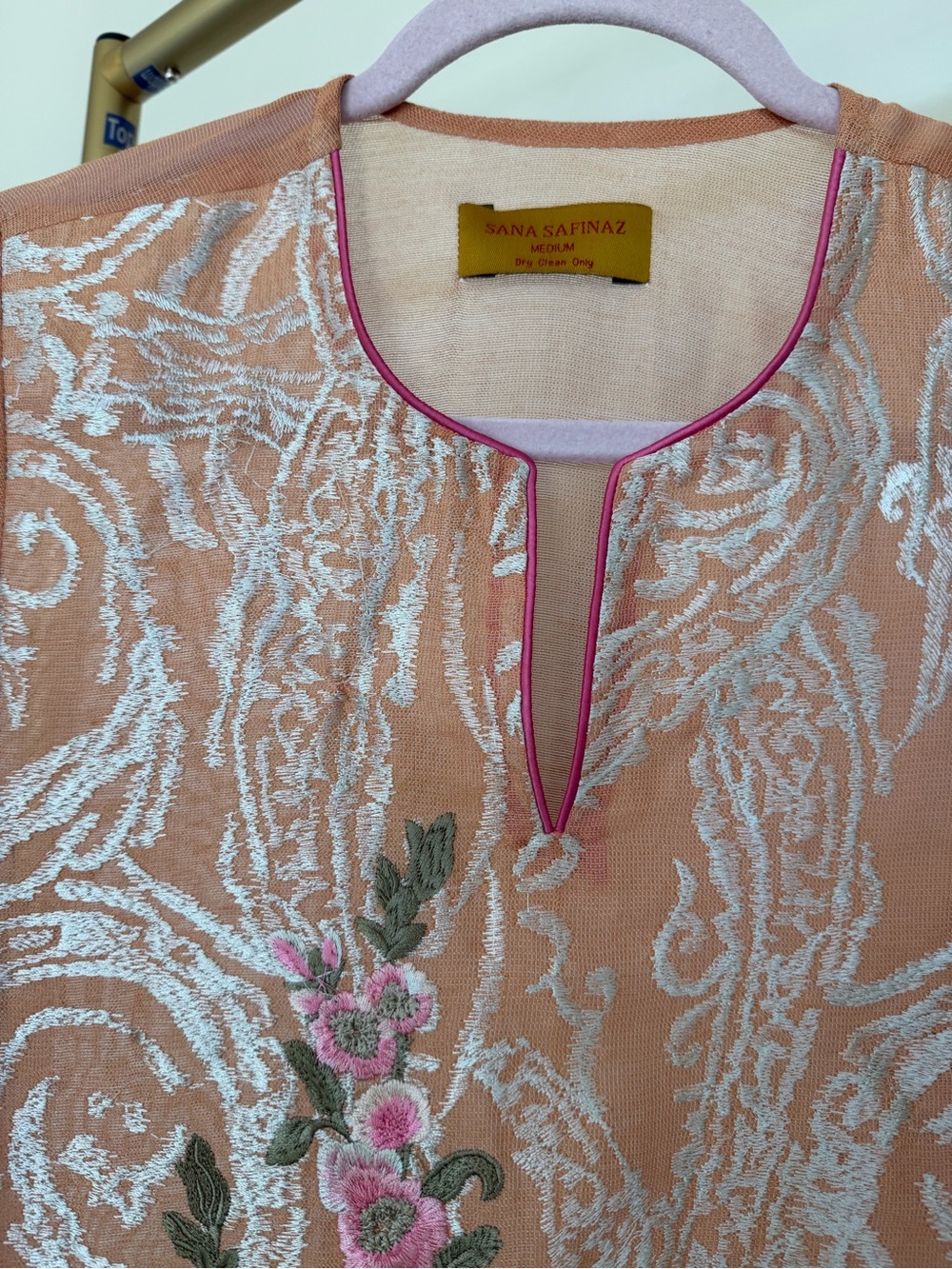 Embroidered Peach & Pink Floral Tunic Kurta - Picture 2 of 5